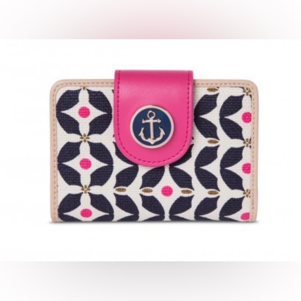 Yacht Club Compact Wallet by Spartina 449 Cream, Navy Linen & Pink Leather NWOT